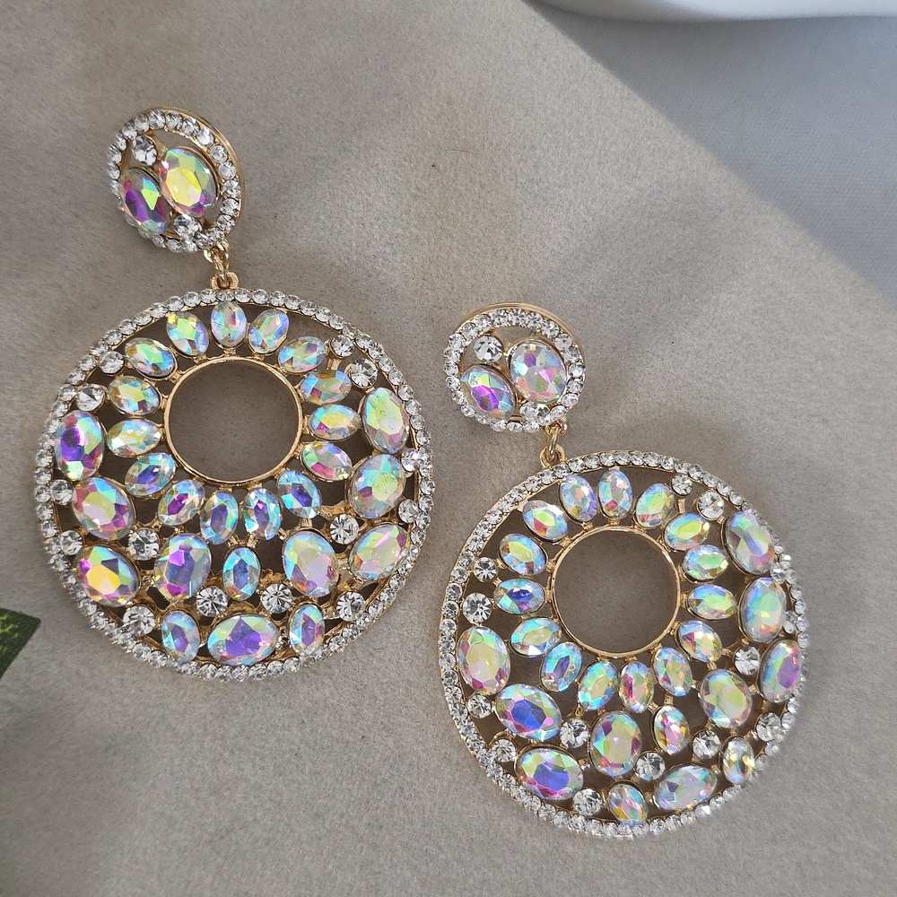 Gold AB Crystal Iridescent Rhinestone Double Circle Drop Earrings